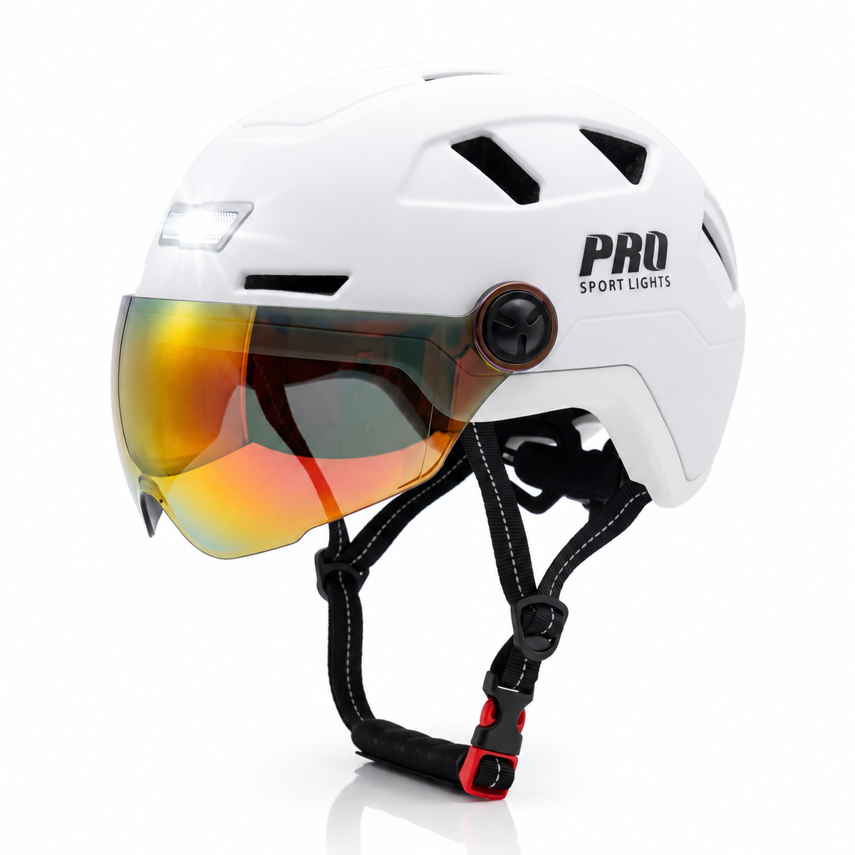 Casco de ciclismo Pro Sport Lights ICE blanco con visor solar y luz delantera blanca encendida