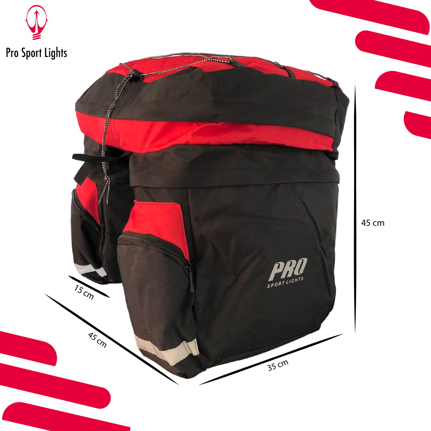 Pro Sport Lights Dubbele fietstas - 46 Liter - Zwart/Rood - met regenhoes