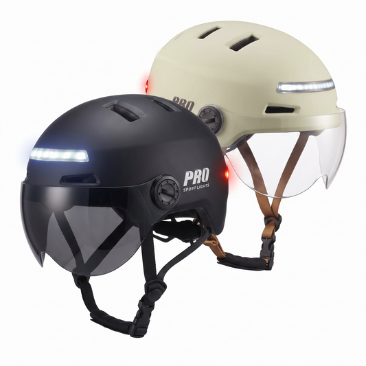 Pro Sport Lights ClearView-fietshelmen in zwart en beige met vizieren en LED-verlichting