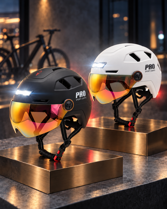 Pro Sport Lights ICE-fietshelmen in mat zwart en wit met vizier en brandende LED-voorverlichting