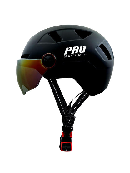 Zwarte Pro Sport Lights fietshelm met zonnevizier en verstelbare kinband
