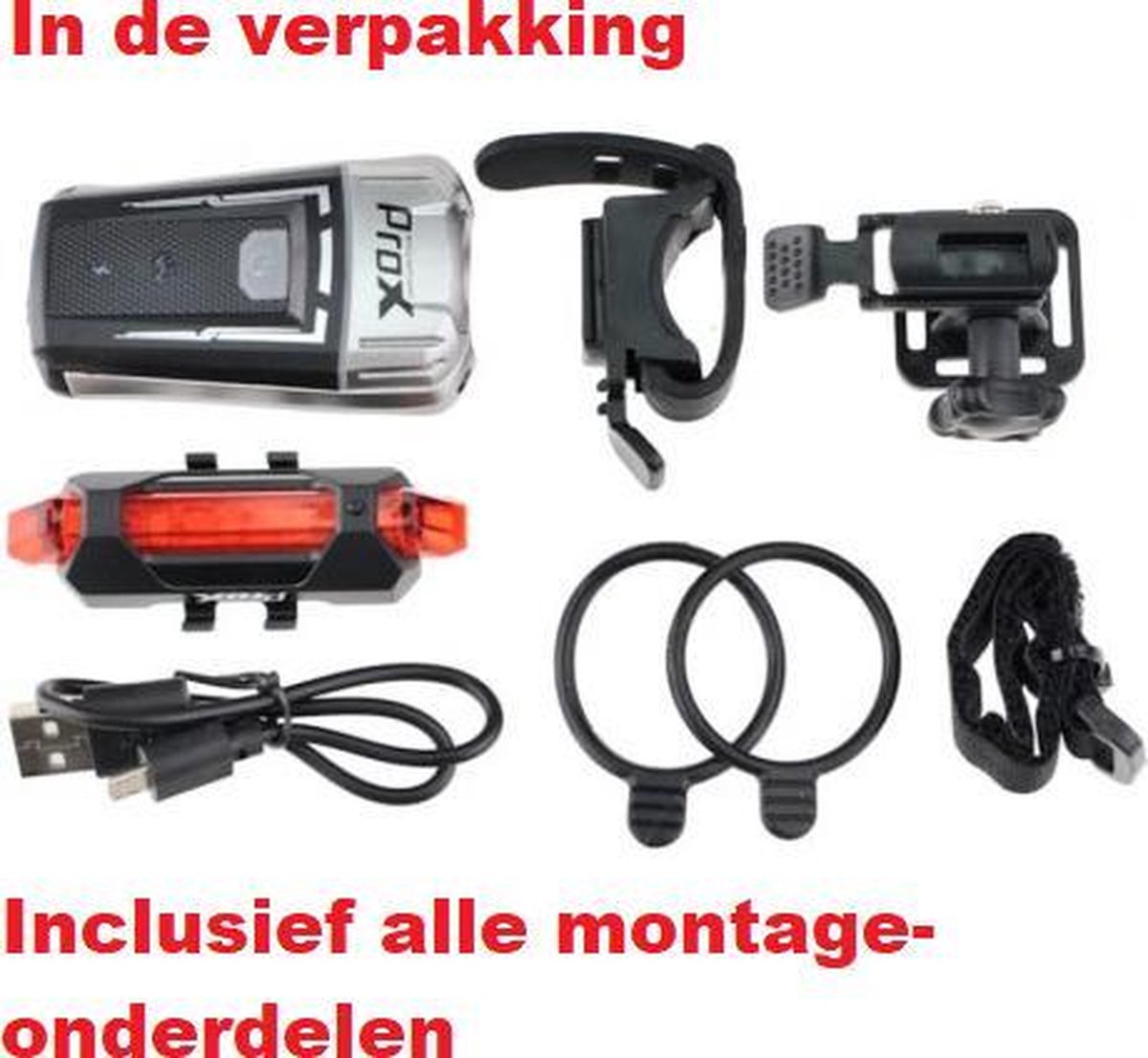 ProX Fietsverlichting USB Oplaadbaar - Fietslicht Voor en Achter - Voorlicht 300Lumen - Achterlicht 10Lumen - Fietslampjes LED
