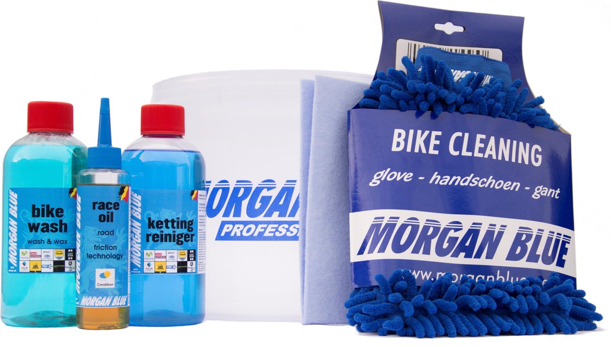 Morgan Blue Onderhoudskit Onderhoud Schoonmaak Fiets Emmer Handschoen Ketting Reiniger Bike Wash Shampoo Ketting Olie Kettingolie 