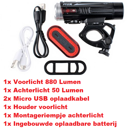 ProX Fietsverlichtingsset - USB Oplaadbaar - 880Lumen & 50Lumen